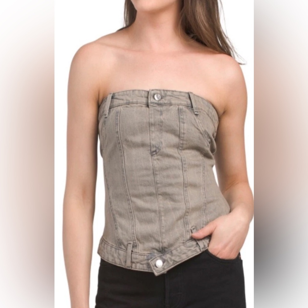 NWT Women’s Zara Grey Denim Corset Sleeve Top Size S